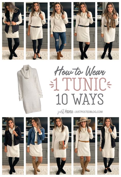 How to Wear 1 Tunic 10 Ways – Just Posted Tunic Work Outfit, Tunic Style Outfits, How To Wear A Tunic Top, How To Wear Dresses In Winter, Tunic Outfit Fall, Tunic Dress Outfit, Tunic Tops Outfit, Match Outfits, Fall Fashion Trends Women