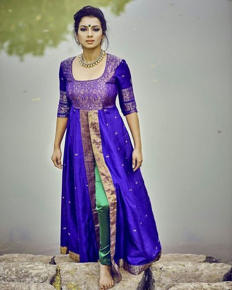 Shruthi Hariharan, Saree Reuse, Long Gown Design, Sari Dress, Salwar Designs, Long Gown Dress, Long Dress Design, Salwar Kamiz, Dress Neck Designs