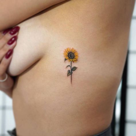 Tattoo On The Side, Flowers Sunflowers, Blue Rose Tattoos, Small Sunflower, Arte Van Gogh, Sunflower Tattoos, Bee Tattoo, Side Tattoos, Dainty Tattoos