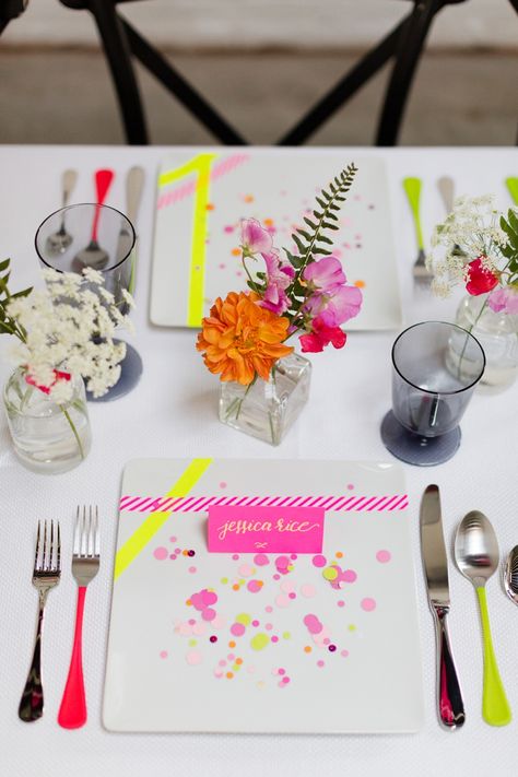 Washi tape & confetti place setting for a wedding | Jessica Haley Photography Neon Wedding Theme, Confetti Bars, Small Wedding Cakes, Wedding Exits, Dusty Rose Wedding, Wedding Place Settings, Colorful Bouquet, Flower Invitation, Glitter Diy