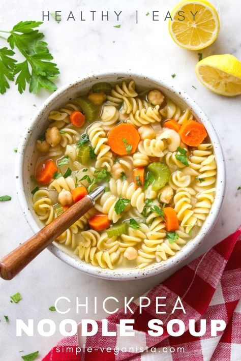 Vegan Chickpea Noodle Soup is loaded with veggies, protein rich chickpeas, hearty pasta & flavorful herbs, and ready in 30 minutes! May I also add that this recipe requires minimal chopping, uses mostly pantry ingredients and is a budget friendly lunch, dinner or meal prep idea. It's sure to be a new healthy favorite for the meal rotation! Chickpea Noodle Soup, Chickpea Noodle, Easy Vegan Soup, Plant Based Diet Meals, Plant Based Diet Meal Plan, Meal Rotation, Plant Based Recipes Easy, Vegan Chickpea, Pantry Ingredients