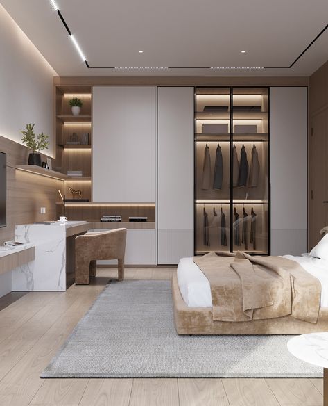 Dressing With Wardrobe, Bedroom With Closet, Wardrobe Aesthetic, Condo Bedroom, Dressing Room Closet, Neoclassical Interior, Dressing Table Design, Luxury Closets Design, Modern Villa Design