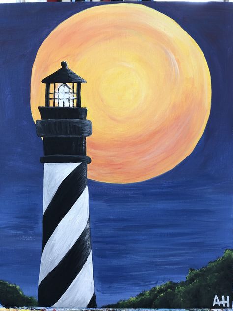 Cool Easy Acrylic Paintings, Painting Ideas On Canvas With Watercolor, Easy Lighthouse Painting For Beginners, Lighthouse Easy Painting, Art Acrylic Painting Ideas Easy, Lighthouse Painting Acrylic Easy, Simple Lighthouse Painting, Lighthouse Painting Ideas, Lighthouse Art Painting