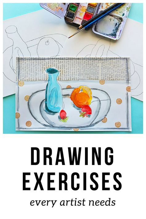 Line Drawing Exercises Art Lessons, Creative Drawing Exercises, Daily Watercolor Challenge, Drawing Exercises For Kids, Gouache Practice Exercises, Daily Art Practice, Watercolor Practice Exercises, Sketch Lessons, Drawing Practice Exercises