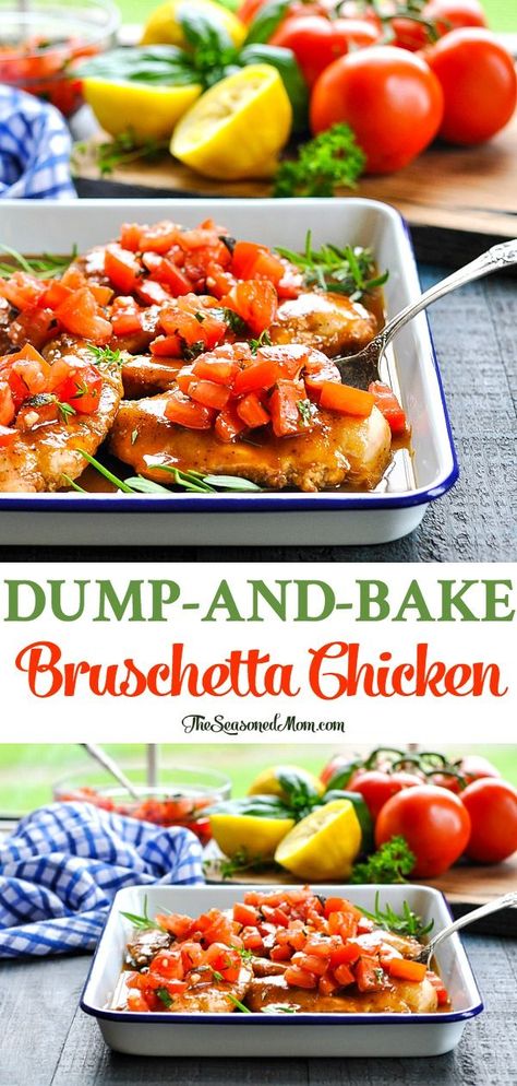 Dump and Bake Bruschetta Chicken is an easy and healthy dinner recipe that takes advantage of fresh, ripe summer tomatoes and those chicken breasts that you've got in the freezer! #chicken #tomatoes #dinner #easyrecipes #easydinner #healthyrecipe #healthydinner #TheSeasonedMom Bruschetta Chicken Casserole, Tomatoes Dinner, Dump And Bake, Chicken Tomatoes, Healthy Dinner Recipe, Bruschetta Chicken, Healthy Meats, Summer Recipes Dinner, Eat Better