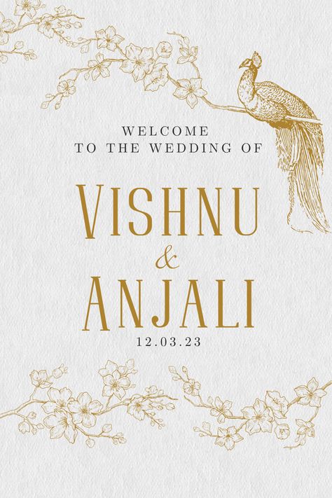 Gold Wedding Welcome Sign, 360 Logo, Indian Wedding Invitation Card Design, Minimalistic Wedding, Wedding Welcome Board, Gold Peacock, Indian Wedding Invitation Cards, Bear Birthday Party, Anniversary Sign