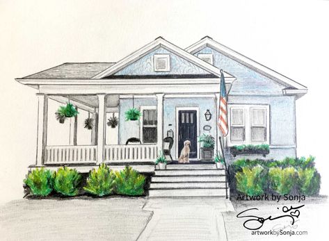 Cottage Park Bungalow House Portrait by ... Bungalow House Drawing, Bungalow Drawing, Bungalow Pictures, Dream House Sketch, Brindleton Bay, Boho Bungalow, Artist Problems, Watercolor House Portrait, Watercolor House