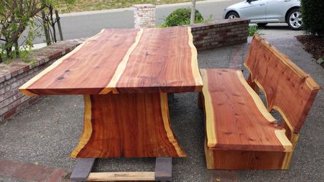 live edge redwood slab table with bench Redwood Projects, Redwood Slabs, Table With Bench, Slab Table, Tear Down, Bench Table, Home N Decor, Awesome Stuff, Rustic Dining Table