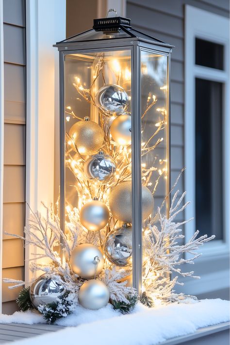 Want to add elegance to your porch this Christmas? I’m obsessed with how silver and white lanterns transform a front porch into a winter wonderland. The subtle sparkle of fairy lights and pine twigs inside makes the decor feel magical and serene. It’s a simple yet breathtaking way to celebrate the season. Try it for yourself and see how effortlessly elegant your outdoor decor can be! Outdoor Christmas Lantern Ideas, Outdoor Christmas Lanterns, Christmas Lantern Ideas, White Lantern, Lantern Christmas, Lantern Ideas, Christmas Lantern, White Lanterns, Wedding Lanterns