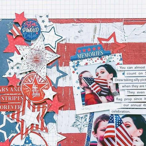 Allison Davis on Instagram: "I tend to challenge myself often to find different ways to incorporate the theme of my layout into the design and I did that with this layout by creating an American flag background. The base is a really simple square background with a blue strip on one side and a red and white striped piece on the other. Then to add a fun element there's a large cluster of stars over the seam of those two paper pieces. 🇺🇸 #scrapbook #scrapbooking #scrapbookingidea #scrapbookideas Fourth Of July Scrapbook, Patriotic Scrapbook Layouts, 4th Of July Scrapbook, Patriotic Scrapbook, Create A Flag, Summer Magazine, Allison Davis, Travel Layout, 4th Of July Photos