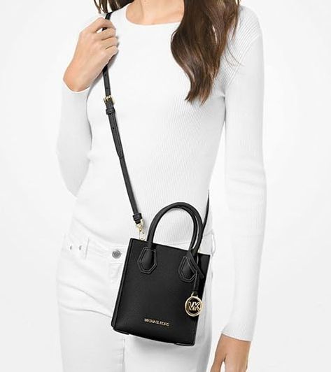 Michael Kors Mercer Extra-Small Pebbled Leather Crossbody Bag With Gold-tone hardware Comes with original tags Pebbled Leather Crossbody Bag, Michael Kors Mercer, Michael Kors Crossbody Bag, Leather Duffle, Black Leather Crossbody Bag, Small Crossbody Bag, Pump Sandals, Michael Kors Black, Denim Top