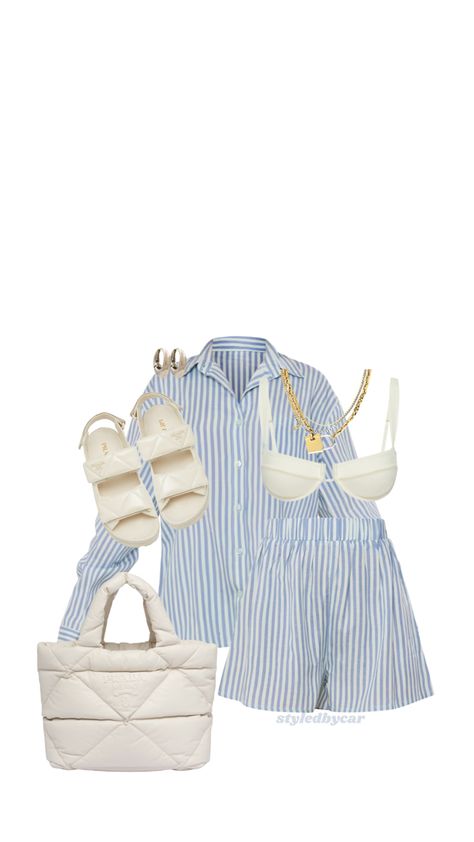 White Set Outfit, Blue Clothes Aesthetic, Yacht Party Outfit, Outfit Inspo 2023, Striped Set, Look Shorts, Dad Sandals, Mixed Metal Necklace, Padded Bag