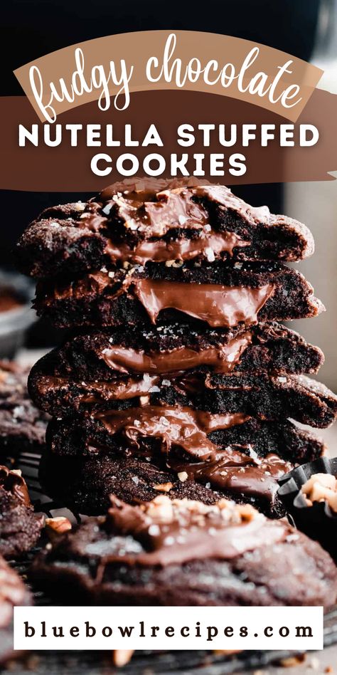 Dessert Recipes With Nutella, Nutella Baking Recipes, Nutella Dessert Recipe, Cookie With Chocolate In Middle, Stuffed Nutella Cookies, Cookies With Nutella Filling, Xl Cookies, Double Chocolate Nutella Cookies, Nutella Treats