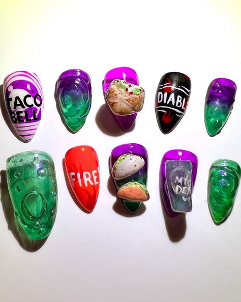 Dian Amani • Press On Nail Artist | Taco Bell nails for a Taco Bell lover🥹 y'all let's do it again can y'all tag @tacobell and hope they see this!!! 🥹🥹🥹 Handpainted using pro… | Instagram Taco Bell Bouquet, Taco Bell Nail Art, Taco Bell Nails, Taco Nails, Hope Nails, Nail Design Glitter, Gel Colors, Nails Yellow, Do It Again