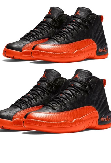 Jordan 12 black/brilliant orange Jordans Orange, Orange Jordan Shoes With Cushioned Footbed And Round Toe, Black And Orange Jordans, Orange Black Nike, Jordan 12 Black, Jordan 12 Black Taxi, Jordan 12, Jordans 12, Jordan Shoes