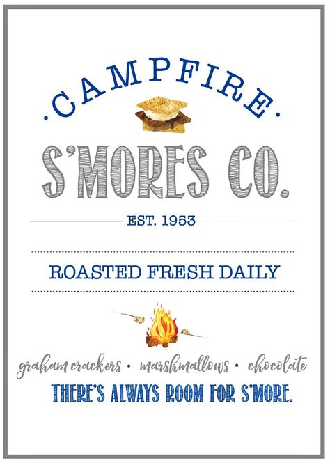 Free s'mores printables. So cute for summer! Comes with printable s'mores labels for mason jars too. Free Smores Printables, Camper Projects, Mason Jar Printables, Summer Camp Quotes, Autumn Entertaining, Campout Party, Camping Printables, Smores Party, Smores Bar