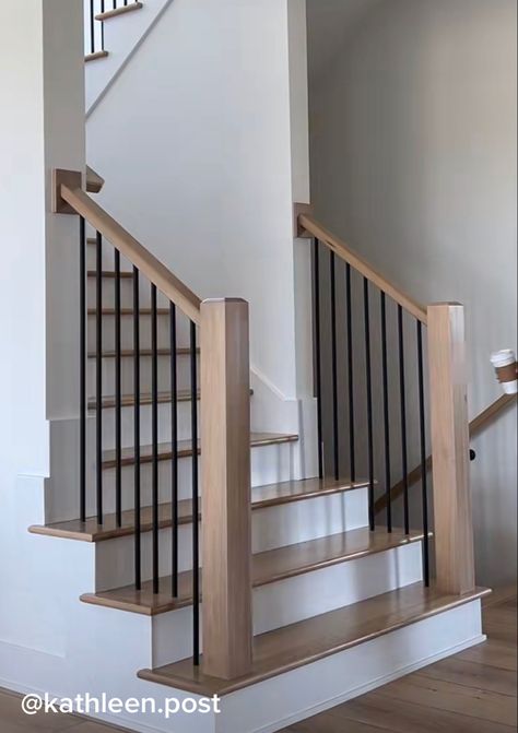 Half Exposed Staircase, Red Oak Stair Railing, Modern Wood Railings For Stairs, Short Stair Railing Ideas, Upstairs Railing Ideas, White Stair Railing Ideas, Stair Banister Ideas, Stair Railing Ideas, Stair Railing Makeover