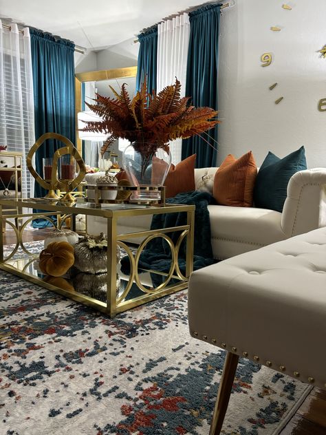 Teal And Bronze Living Room, Navy Teal Gold Living Room, Dark Brown And Teal Living Room, Teal Gold Brown Living Room, Teal And Orange Fall Decor Living Room, Cream Decor, Living Room Decor Apartment, Teal Blue, Home Remodeling