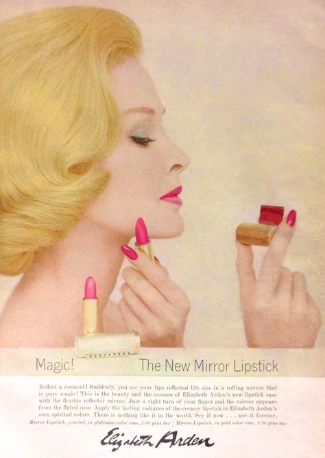 Elizabeth Arden 'Mirror Lipstick' Ad, 1959 1950s Lipstick, Sketch Figures, Dolly Hair, Elizabeth Arden Lipstick, Vintage Commercials, Lipstick Quotes, 50s Makeup, Lipstick Ad, Vintage Makeup Ads