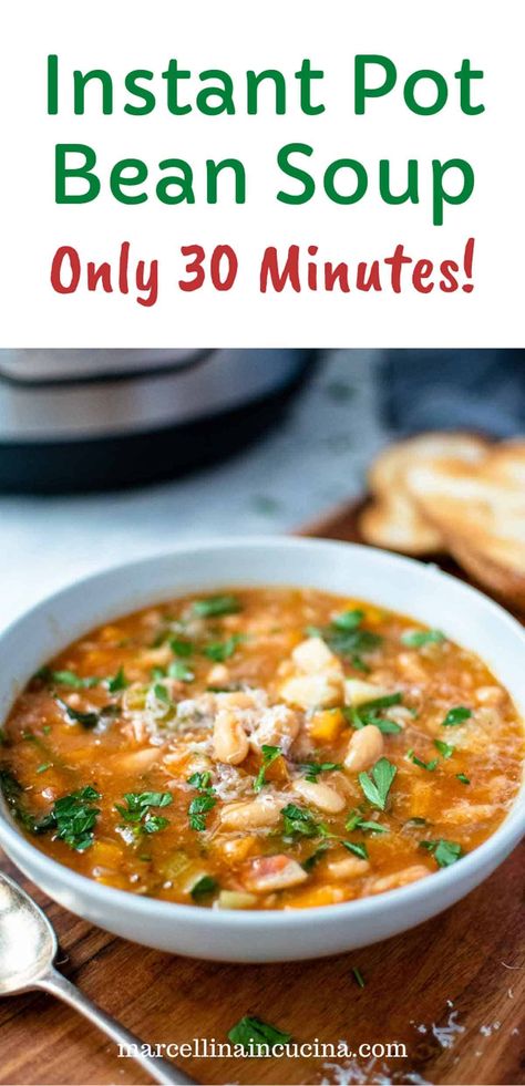 This Instant Pot Bean Soup is hearty, nutritious and full of beans and vegetables! The best part is that you’ll have this family favorite on the table in less than 30 minutes! #InstantPotBeanSoup Instant Pot Cannellini Bean Soup, Instapot Bean Soup Recipes, Instapot Bean Soup, Instant Pot Bean Soup Recipes, Instant Pot Bean Recipes, Instant Pot Bean Soup, Bean Soup Instant Pot, Instant Pot Beans Recipe, Pot Beans