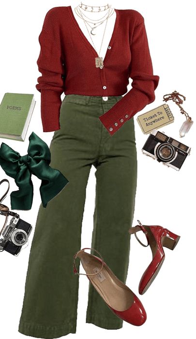 red and green Outfit | ShopLook Retro Outfits Green, Red And Green Clothes Outfit, Red Shirt Green Pants Outfit, Green Dress Red Shoes Outfit, Colourful Academia Fashion, Outfit Ideas With Red Shoes, Green Outfit Red Hair, Red And Army Green Outfits, Red And Green Aesthetic Outfit