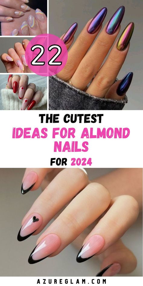 Step into 2024 with confidence and style with 22 Ideas for Almond Nails. Embrace the beauty of almond nails, the canvas for timeless designs. Explore a world of almond nail ideas, including elegant designs and classic French tips. Celebrate the holiday season with Christmas-themed almond nail art or make a statement with black women's almond nails. Dive into winter-themed almond nail designs and enhance your look with vibrant red accents. Trendy Nails Ideas Almond Shape, Summer Almond Gel Nails, Almond Shape Nail Color Ideas, August Almond Nails Designs, Almond Unique Nails, April Nail Designs Almond, Classic Almond Nail Design, Oval Shaped Nail Designs, Almond Nails Trendy 2024