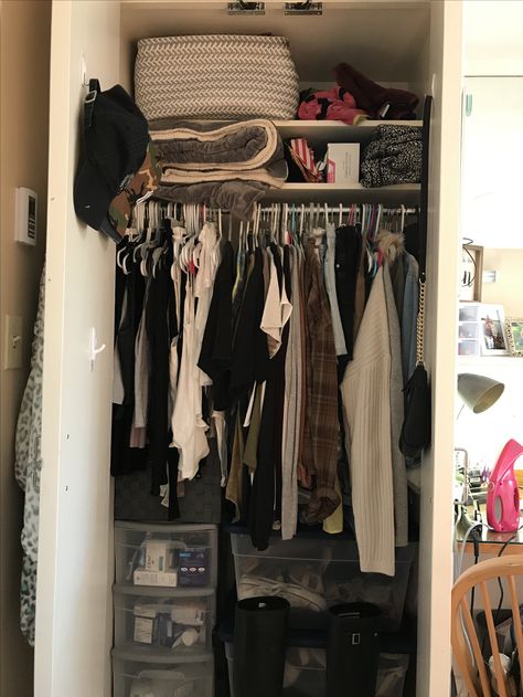 The SCAMPERING approach that I would use to redesign my closet would be to rearrange it. In order to incorporate more space, I would make the hanging rod at the top and put the shelves on the bottom so that bins would not be needed for more space. Room Ideas Aesthetic Closet, Closet Aesthetic Organization, Messy Closet Aesthetic, Full Closet Aesthetic, Dorm Room Closet, Aesthetic Closet, University Rooms, Dorm Closet, Messy Closet