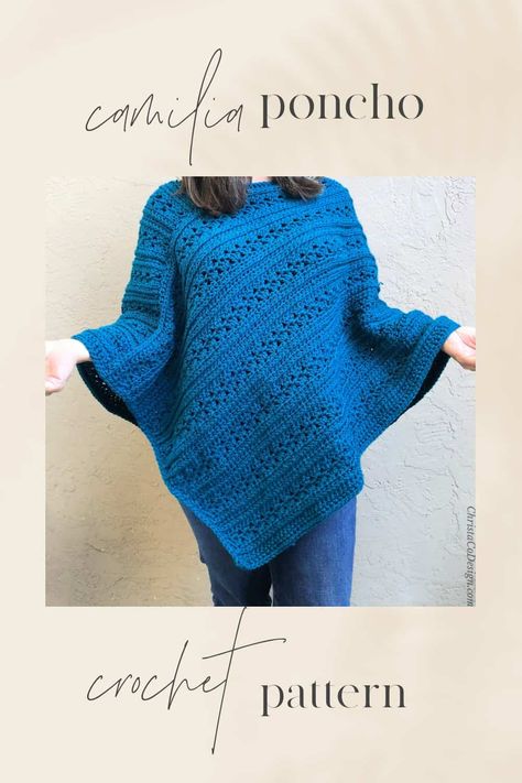 Pin image of woman in blue crochet poncho pattern text. Easy Knit Poncho Free Pattern, Crochet Poncho Free Pattern Woman Easy, Crochet Poncho Free Pattern Woman, Easy Crochet Poncho, Crochet Poncho Patterns Easy, Crochet Wraps, Simple Sewing Tutorial, Poncho Patterns, Crochet Garments