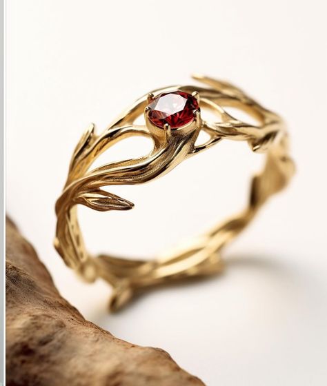 Elvish Ring, Elvish Rings Engagement, Elegant Red Rings With Intricate Design, Elvin Rings, Elven Jewelry Ring, Elegant Red Ruby Ring With Intricate Design, Handmade Elven Gold Jewelry, Jewelry Lookbook, Ring