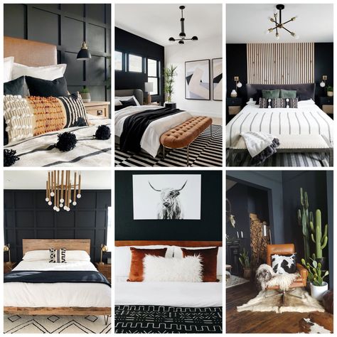 Caramel Black And White Bedroom, Black White And Cognac Decor, Cognac Black And White Bedroom, Black White And Wood Mood Board, Black Gold And Wood Bedroom, Black White Gold Wood Interior, Black And Camel Bedroom, Mcm Renovation, Glam Bedding