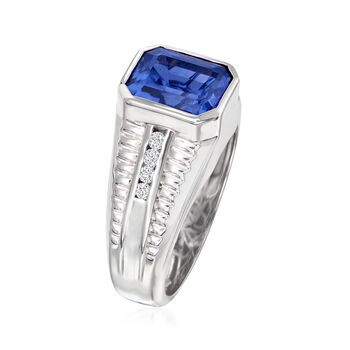 Ross-Simons - Men's 4.90ct Tanzanite Ring, .19ct t. w. Diamonds in 18kt White Gold. Size 10. For the refined gentleman who appreciates rich color and a pristine diamond glow, this stately ring features a fantastic 4.90 carat emerald-cut tanzanite on a high-polished 18kt white gold shank with handsome pierced detail work. Illuminated by .19 ct. t. w. round brilliant-cut diamonds for definitive opulence. 1/2" wide. Men's diamond and tanzanite ring. Mens Tanzanite Ring, Fantastic 4, Precious Gemstones Jewelry, Rings Rings, Tanzanite Ring, Jewelry Diamond, Jewelry Gold, Round Brilliant Cut Diamond, Emerald Cut