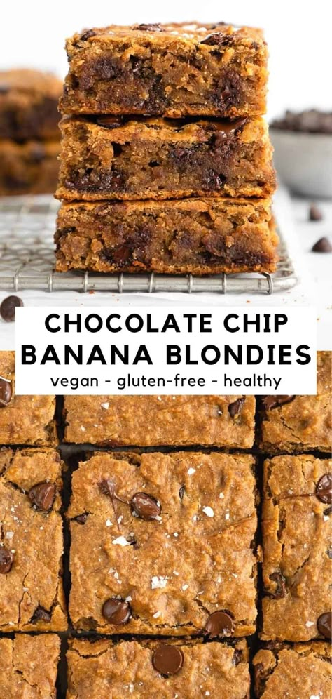 Chocolate chip banana blondies are vegan, gluten-free, moist, fluffy, and ridiculously delicious! The easy one bowl recipe is made with overripe bananas, peanut butter, almond flour, and oat flour. Enjoy these healthy banana bars for breakfast or as a nutritious dessert. #banana #blondies #bananarecipes #bars #veganrecipes #vegandessert #vegan #glutenfreerecipes #glutenfreedesserts #bananabreadrecipe #oilfree #healthyrecipe #healthydessertrecipes #dairyfree #glutenfree Banana Blondies, Banana Recipes Overripe, Nutritious Desserts, Recipe Cheesecake, Homemade Snickers, Fitness Humor, Cheesecake Dessert, Cookies Bars, Chocolate Chip Banana