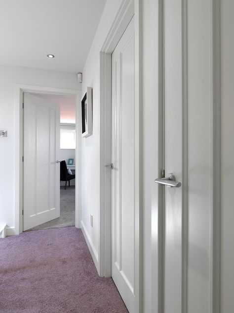 #whitedoors in sequence look great on an upstairs landing. JB Kind's Calypso - Jamaica #interior door Grey Internal Doors, Mdf Skirting, Fire Doors Internal, Upstairs Landing, Kitchen Ladder, White Internal Doors, Fire Rated Doors, Room Divider Doors, Internal Door