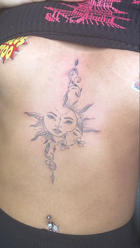 Sun Tattoo Middle Of Chest, Sun Moon Chest Tattoo, Sun And Moon Tramp Stamp, Sternum Moon Tattoo, Sun Underboob Tattoo, Sternum Tattoo Big Bust, Sun Tramp Stamp, Red Sternum Tattoo, Simple Sternum Tattoo