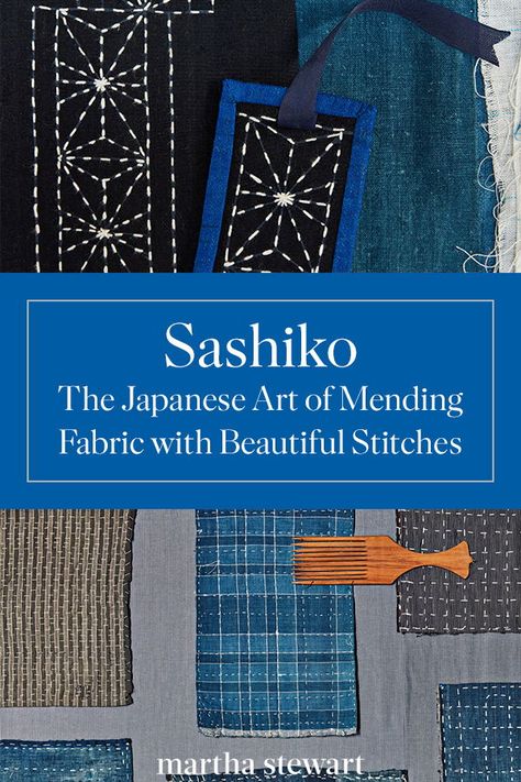 Sashiko: The Japanese Art of Mending Fabric with Beautiful Stitches | In the times of pre-industrial Japan, fabric was scarce and so garments were mended for a longer life with patches, scraps, and simple stitches. A single garment could be mended many times over many generations, developing a storied history.  This is sashiko, and this type of mending was never meant to be invisible.  #sewing #sewingprojects #marthastewart #sashiko Japanese Sewing Projects, Japanese Mending Technique, Visible Mending Jacket, Practical Embroidery, Japanese Mending, Sashiko Quilting, Visible Mending Stitches, Pattern Darning, Sashiko Mending