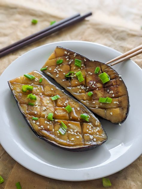 Miso glazed eggplant (vegan) - Kitchen - Margodrobi.com Eggplant Vegan, Nasu Dengaku, Glazed Eggplant, Japanese Side Dish, Vegan Pad Thai, Vegan Eggplant, Miso Glaze, Baked Eggplant, Vegan Kitchen