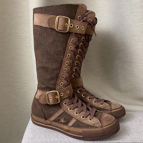 tartan brown converse lace up moto biker style boots... - Depop Scarecrow Cosplay, Converse Collaboration, Combat Boots Brown, Knee High Converse, How To Lace Converse, Converse Boots, Brown Converse, Converse Brown, Brown Combat Boots