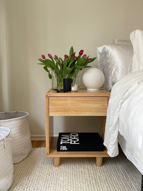 Nightstand For Thuma Bed, Thuma Bed Nightstand, Simple Wooden Nightstand, Minimal Nightstand Decor, Wooden Nightstand Aesthetic, Wood Bed Side Tables, Nightstand Japandi, Wood Nightstand Decor, Thuma Bedroom