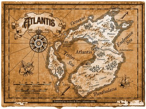 Ancient Maps Cartography, Map Of Atlantis, Atlantis Map, Steampunk Map, Steampunk Rpg, Ancient Atlantis, Ancient World Maps, Ancient Map, Fantasy City Map