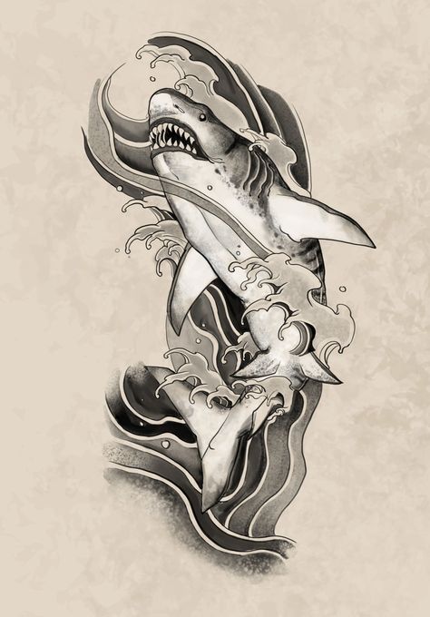 I will create a japanese tattoo design for you Japanese Shark Tattoo Design, Japanese Shark Tattoo, Shark Tattoo Design, Traditional Sailor Tattoos, Tattoo Shark, Hai Tattoo, Magic Runes, Shark Drawing, Sea Tattoo