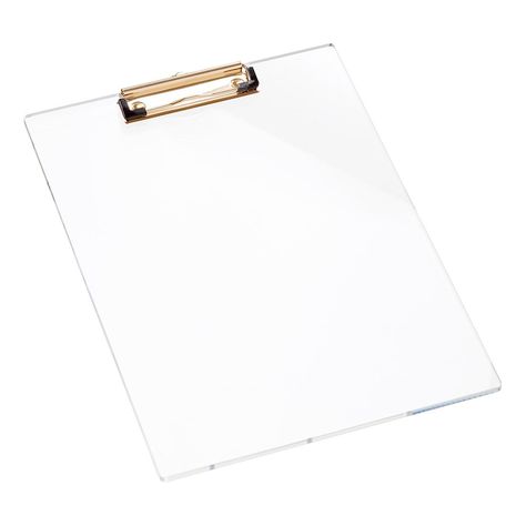 Russell + Hazel Clear & Gold Acrylic Clipboard | The Container Store Acrylic Desk Accessories, Acrylic Clipboard, Rolling Carts, Clear Business Cards, File Folder Organization, Label Makers, File Boxes, Memo Holder, Ergonomics Furniture