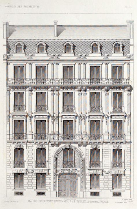 Elevation of an apartment building on Boulevard Haussmann, Paris Paris Facades Architecture, Buildings Facade, Paris Facade, Paris Buildings Architecture, Historic Apartment Building, House Facade Design, Haussmann Architecture, Paris Buildings, Architecture Renovation