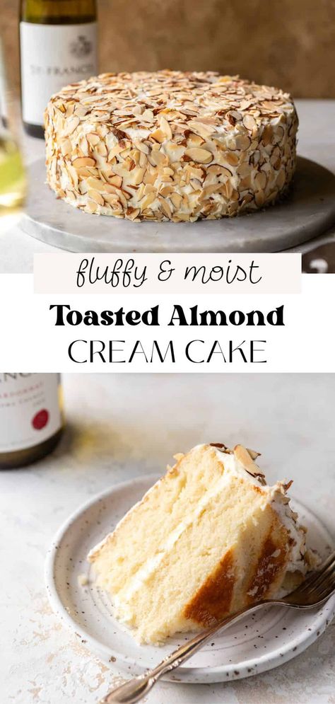 This toasted almond cream cake has 2 layers of moist, soft almond vanilla cake. It's frosted with smooth almond buttercream and covered in almond slices! This cake is packed with almond flavor from almond extract and is also super easy to decorate. It's moist, fluffy, and so delicious! Almond Custard Cake, Almond Berry Cake, Toasted Almond Cheesecake, Must Try Desserts, Heather Ho Almond Cake, Fluffy Almond Cake, Desserts With Almond Extract, Almond Raspberry Swirl Cake, Butter Almond Cake