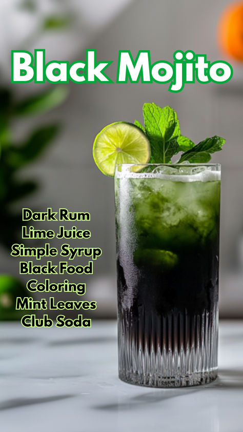 Black Mojito Black Mojito, Crazy Cocktails, Spooky Cocktails, Cocktail Cards, Fall Beverages, Bar Stuff, Black Food Coloring, Yummy Alcoholic Drinks, Best Cocktail Recipes