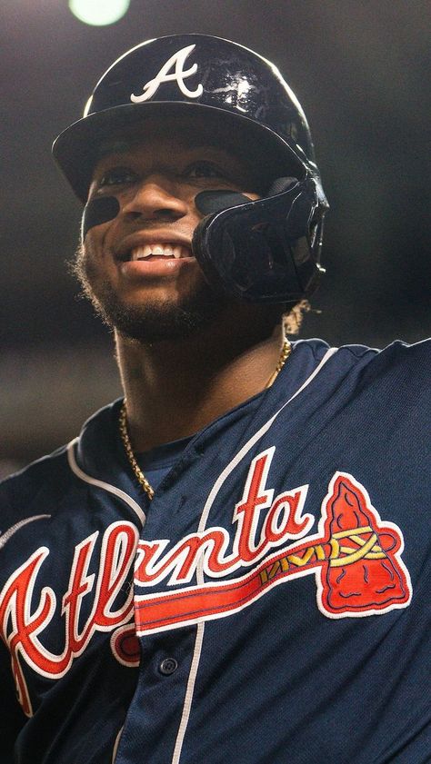 Ronald Acuña Jr. smiles during a game at Nationals Park. Black Baseball Players, Braves Wallpaper, Atlanta Braves Wallpaper, Brave Wallpaper, Hot Baseball Players, Ball Photos, Ronald Acuna Jr, Mlb Wallpaper, Atlanta Braves Baseball