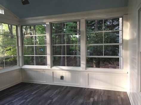 Chapel Hill Three Season Room with Knee Wall & Blue Ceiling Diy 3 Season Porch, 3 Season Room Ideas Interior Design, Sunroom Remodel Ideas, Four Season Room Ideas, 3 Season Room Decorating Ideas, 3 Seasons Room Ideas, Porch Windows Ideas, 3 Season Porch Ideas Sunroom, Three Season Room Decor