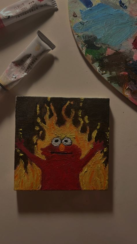 Cursed Painting Ideas, Elmo On Fire Painting, Lighter Paintings Ideas Canvas, Funny Art Painting, Funny Paintings Ideas, Goofy Painting Ideas, Silly Canvas Paintings, Weird Painting Ideas Easy, Mini Paint Canvas Ideas