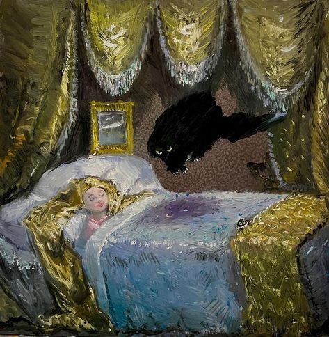 Vanessa Stockard on Instagram: "sleeping with kids and cats #vanessastockard #kevinthekittin #rapunzel #sleepingbeauty #fairytale" Sleeping Cat Painting, Vanessa Stockard Black Cat, Cat Caricature, Vanessa Stockard, Black Cat Painting, Cat Paintings, Neon Aesthetic, Cute Black Cats, Time Art