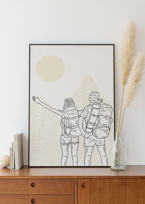 Couple Line Art Drawings, One Line Couple Drawing, Line Figure Drawing, Drawing Room Decoration, Line Art Couple, Couples Doodles, Minimalist Couple, Mountain Sketch, Line Art Digital