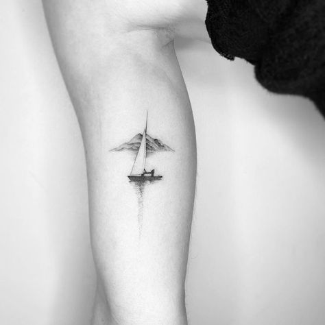 Sailboat Tattoo Simple, Eve Tattoo, Sailing Tattoo, Small Nature Tattoo, North Star Tattoos, Sailboat Tattoo, Lines Drawing, Boat Tattoo, Seahorse Tattoo